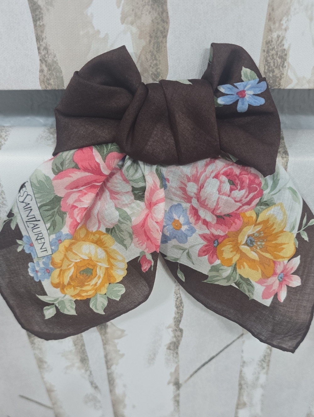 Saint Laurent Brown Floral Scarf with Multicolor Blooms